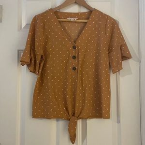 Tan Polka Dot Tie Front Flutter Sleeve Blouse